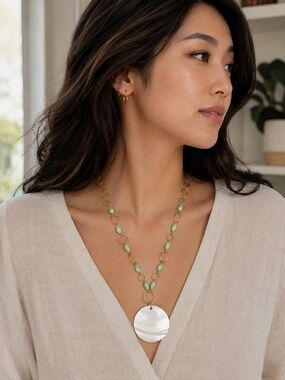 Avon Gold-Link Necklace with Mint Green Beads and Mother-of-Pearl Disc